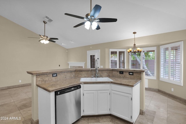 kitchen featuring visible vents, white cabinetry, a sink, vaulted ceiling, and dishwasher