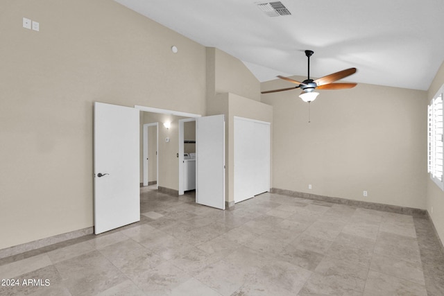 unfurnished bedroom featuring visible vents, baseboards, high vaulted ceiling, and ceiling fan