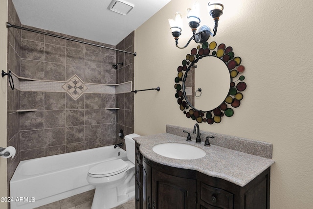 bathroom featuring vanity, visible vents, tub / shower combination, tile patterned flooring, and toilet