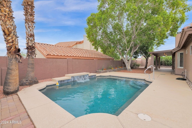 view of pool featuring a patio, a fenced backyard, and a fenced in pool