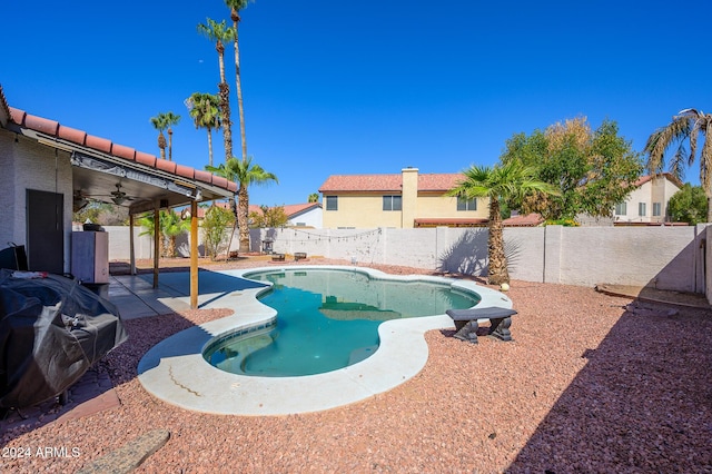 view of pool featuring ceiling fan, a grill, and a patio area