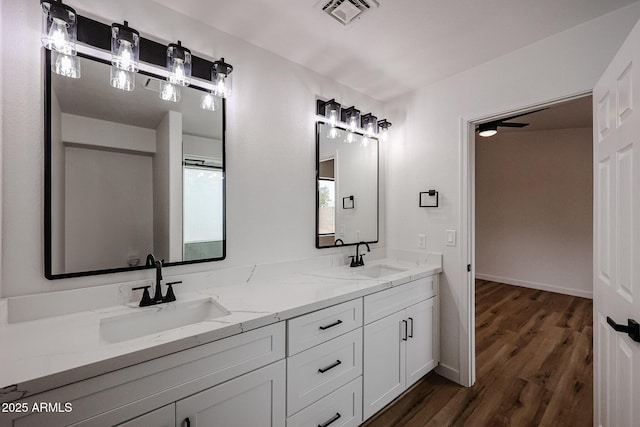 bathroom featuring vanity and hardwood / wood-style flooring