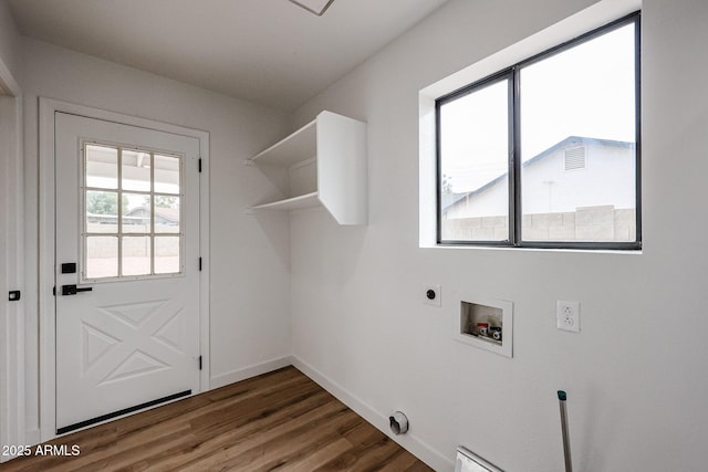 laundry room with electric dryer hookup, dark hardwood / wood-style flooring, and washer hookup