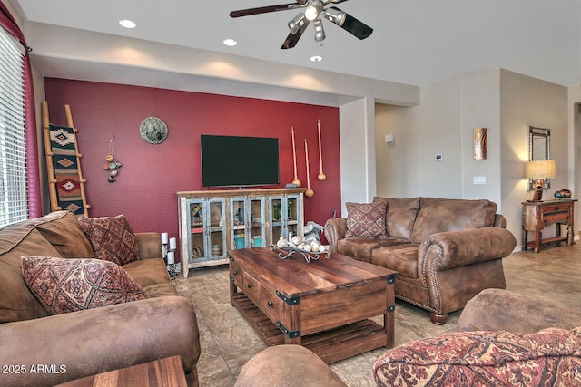 living room featuring ceiling fan