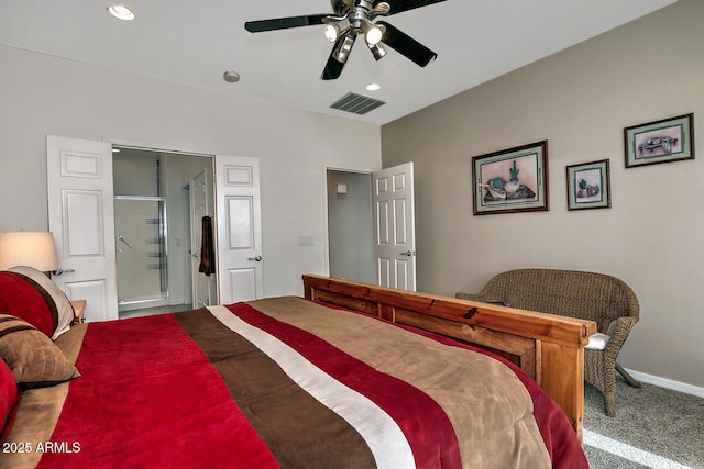 bedroom featuring ceiling fan and carpet