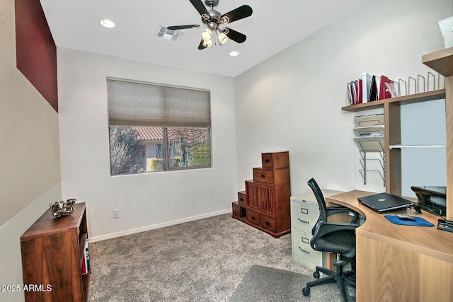 office featuring carpet floors and ceiling fan