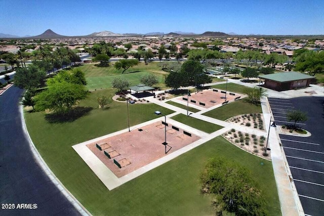 drone / aerial view featuring a mountain view