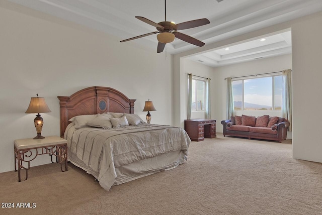 carpeted bedroom featuring a tray ceiling and ceiling fan