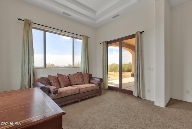 living room featuring light colored carpet, a tray ceiling, and a wealth of natural light