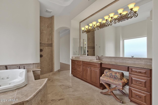 bathroom with vanity, plus walk in shower, and tile flooring