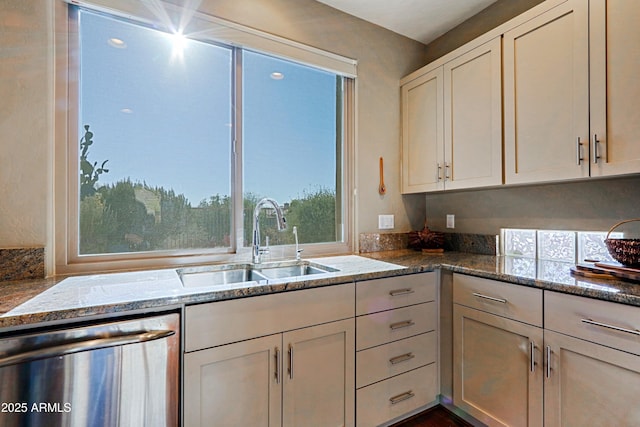 kitchen featuring a sink, white cabinets, stone countertops, and stainless steel dishwasher