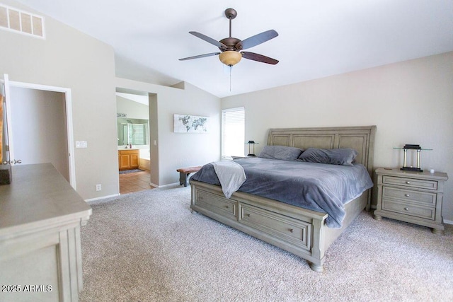 1894 E Sagebrush St, Gilbert, AZ 85296 - bedroom with carpet floors, lofted ceiling, baseboards, ensuite bathroom, and ceiling fan