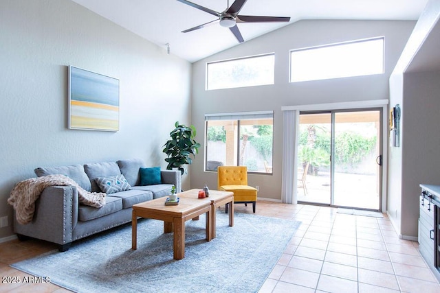 1894 E Sagebrush St, Gilbert, AZ 85296 - living area featuring light tile patterned floors, a ceiling fan, baseboards, and high vaulted ceiling