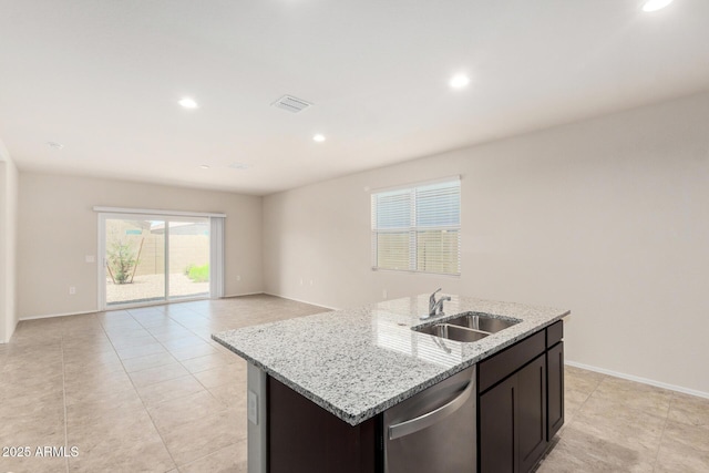 5240 E Gummite Dr, San Tan Valley, AZ 85143 - kitchen with stainless steel dishwasher, a sink, a center island with sink, recessed lighting, and light stone counters