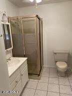 full bathroom featuring tile patterned flooring, a shower stall, toilet, vanity, and a ceiling fan