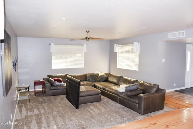 living room featuring ceiling fan and wood-type flooring