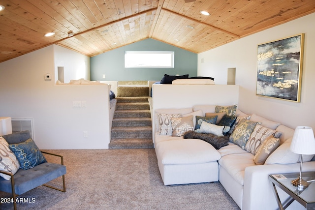 living room featuring lofted ceiling, wooden ceiling, and carpet floors