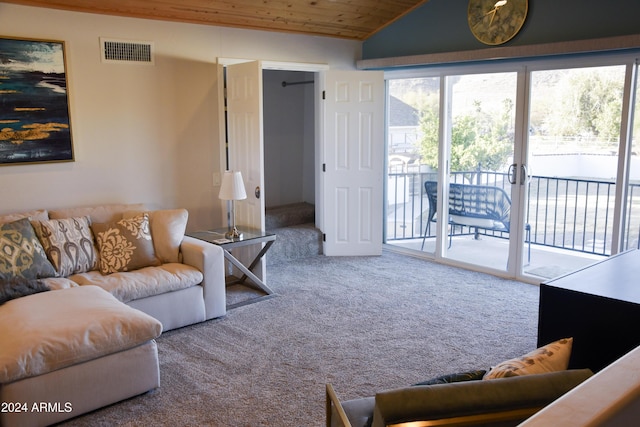 living room with wooden ceiling, carpet floors, and vaulted ceiling