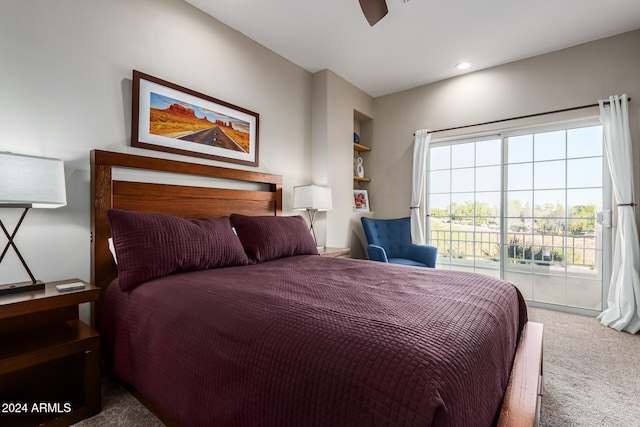 bedroom with access to outside, carpet, and ceiling fan