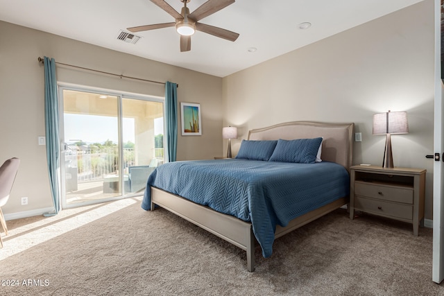 bedroom featuring ceiling fan, carpet flooring, and access to outside