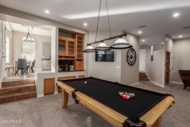 recreation room featuring billiards, light colored carpet, and a notable chandelier