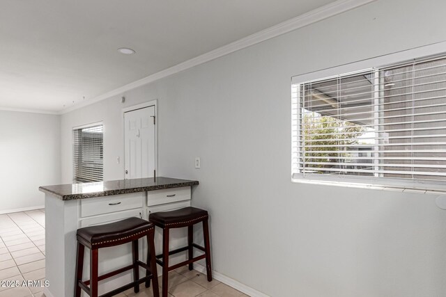 kitchen featuring crown molding, light tile patterned floors, plenty of natural light, and baseboards