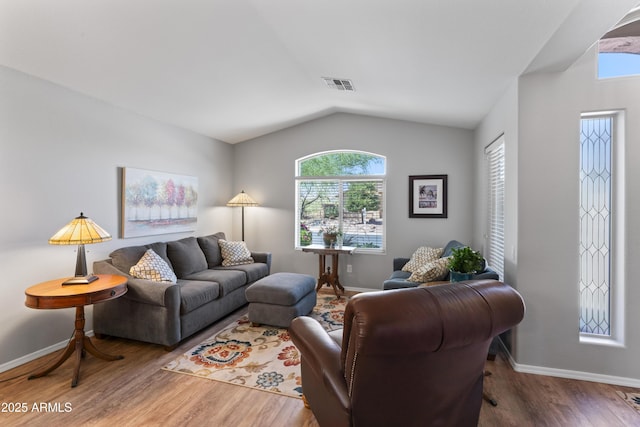 10333 E Gold Nugget Ct, Gold Canyon, AZ 85118 - living room featuring vaulted ceiling, wood finished floors, and baseboards
