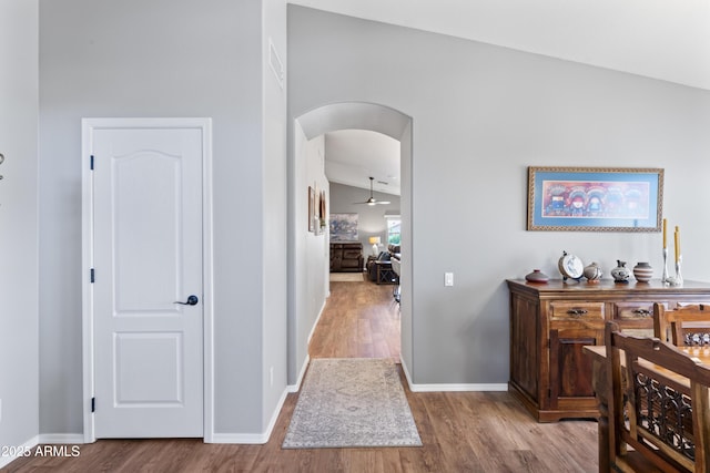 10333 E Gold Nugget Ct, Gold Canyon, AZ 85118 - hall featuring wood finished floors, arched walkways, baseboards, and vaulted ceiling