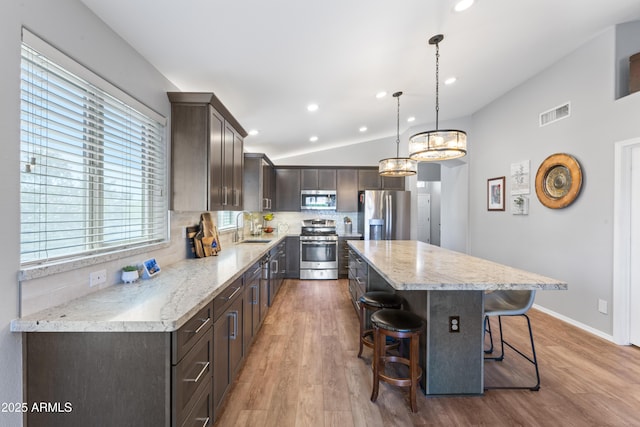 10333 E Gold Nugget Ct, Gold Canyon, AZ 85118 - kitchen with appliances with stainless steel finishes, dark brown cabinets, a kitchen breakfast bar, a center island, and a sink