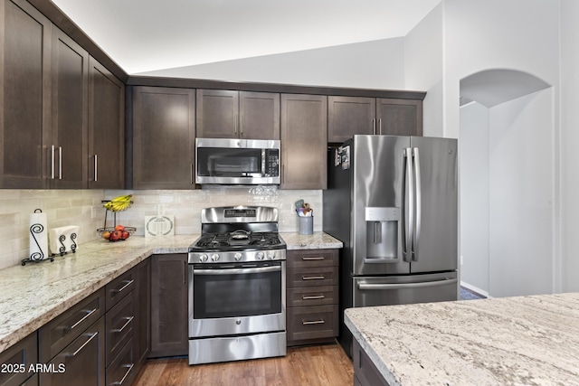 10333 E Gold Nugget Ct, Gold Canyon, AZ 85118 - kitchen featuring appliances with stainless steel finishes, dark brown cabinets, light stone counters, vaulted ceiling, and tasteful backsplash