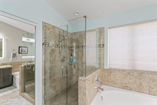 10333 E Gold Nugget Ct, Gold Canyon, AZ 85118 - bathroom featuring vanity, a garden tub, and a shower stall