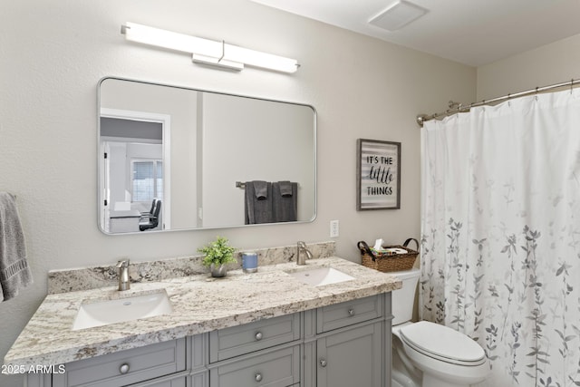 10333 E Gold Nugget Ct, Gold Canyon, AZ 85118 - bathroom featuring double vanity, toilet, and a shower with shower curtain