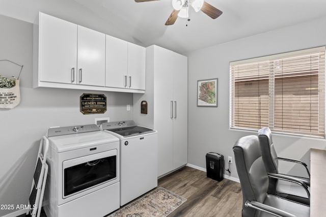 10333 E Gold Nugget Ct, Gold Canyon, AZ 85118 - washroom with separate washer and dryer, cabinet space, a ceiling fan, wood finished floors, and a desk