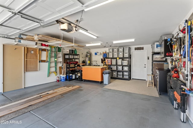 10333 E Gold Nugget Ct, Gold Canyon, AZ 85118 - garage featuring water heater, a garage door opener, and a workshop area
