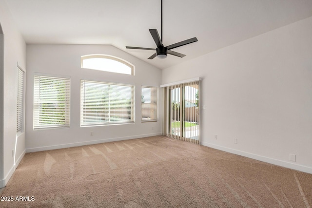 2226 N Gentry, Mesa, AZ 85213 - spare room featuring ceiling fan, baseboards, vaulted ceiling, carpet floors, and plenty of natural light