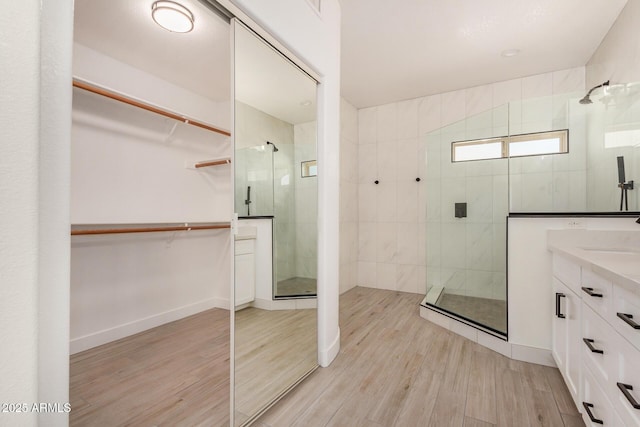 2226 N Gentry, Mesa, AZ 85213 - bathroom featuring vanity, a spacious closet, a shower stall, and wood finished floors
