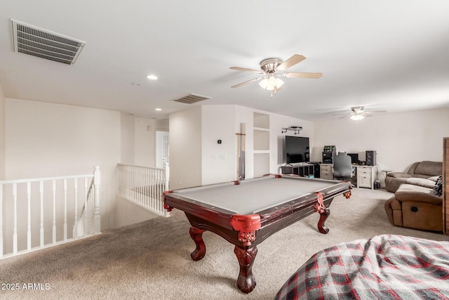 playroom with visible vents, recessed lighting, billiards, and carpet