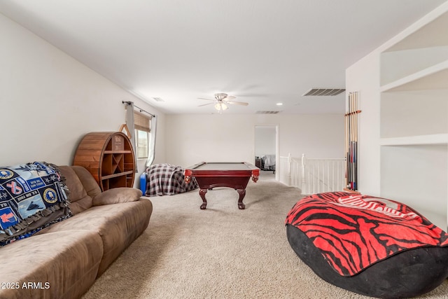 game room with visible vents, billiards, a ceiling fan, and carpet floors