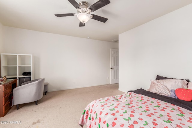 bedroom with light carpet, baseboards, and ceiling fan