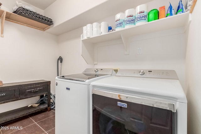 washroom with dark tile patterned flooring, independent washer and dryer, and laundry area