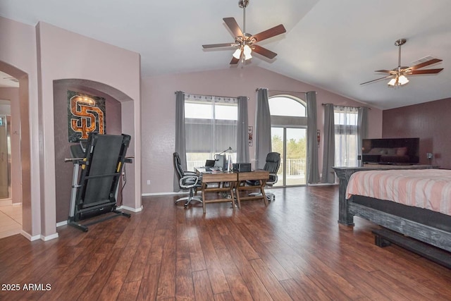 bedroom with access to outside, ceiling fan, dark wood-type flooring, and lofted ceiling