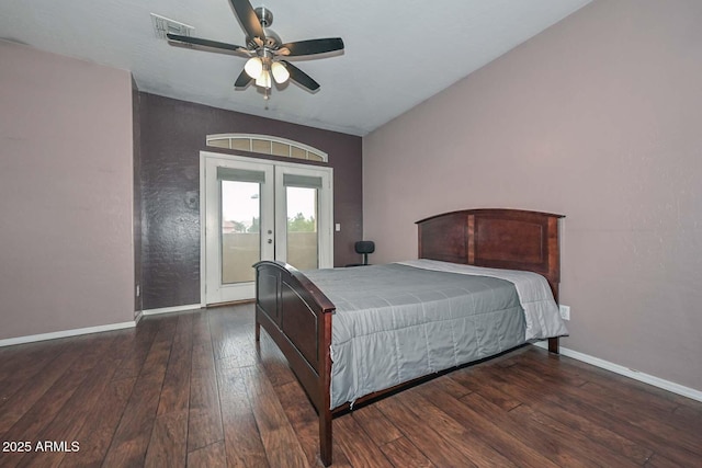 bedroom with access to exterior, ceiling fan, french doors, and dark wood-type flooring