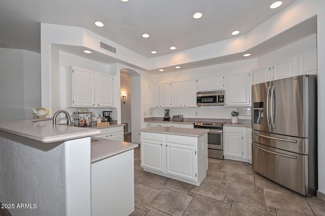 kitchen featuring kitchen peninsula, stainless steel appliances, and white cabinetry