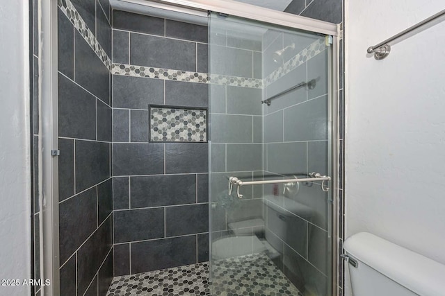 bathroom with toilet and a shower with shower door