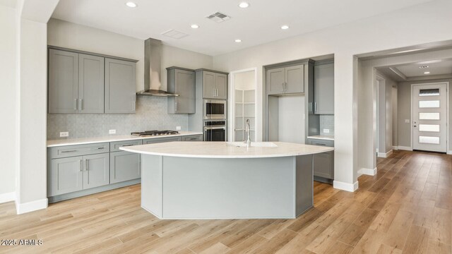 kitchen with visible vents, wall chimney exhaust hood, stainless steel appliances, gray cabinetry, and a sink