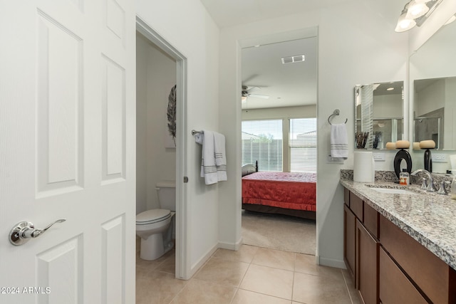 bathroom with vanity, ceiling fan, toilet, and tile patterned flooring