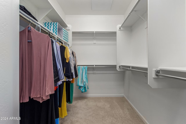 spacious closet featuring light colored carpet