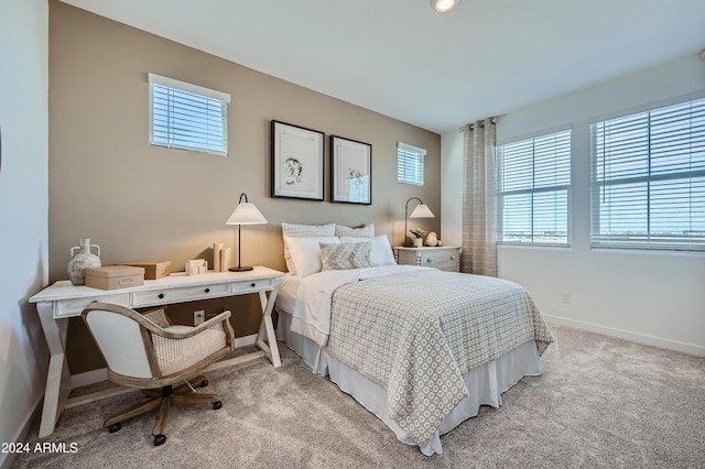 bedroom with light carpet