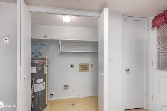 washroom with washer hookup, electric water heater, light colored carpet, and electric dryer hookup