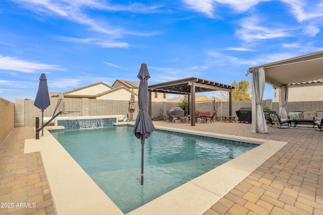 view of swimming pool with a fenced backyard, a fenced in pool, a pergola, and a patio